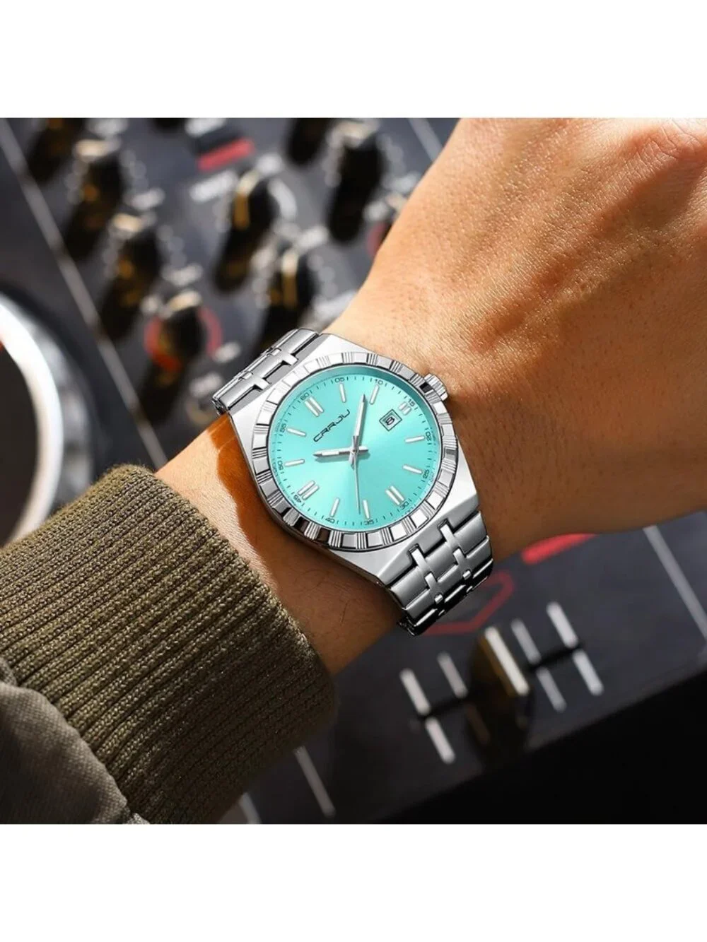 Crrju Men's Mint Blue Luxury Luminous Analog Quartz Calendar Round Silver Watch